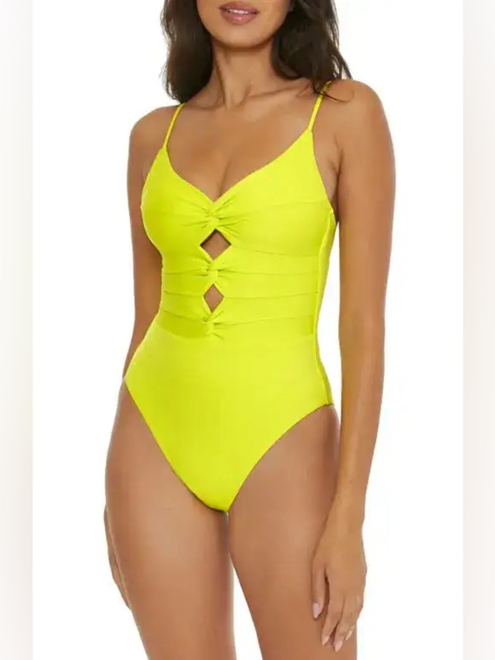 Becca Prima Twist Front One-Piece Swimsuit Zesty Neon Yellow Cutouts Sz S? DESC
